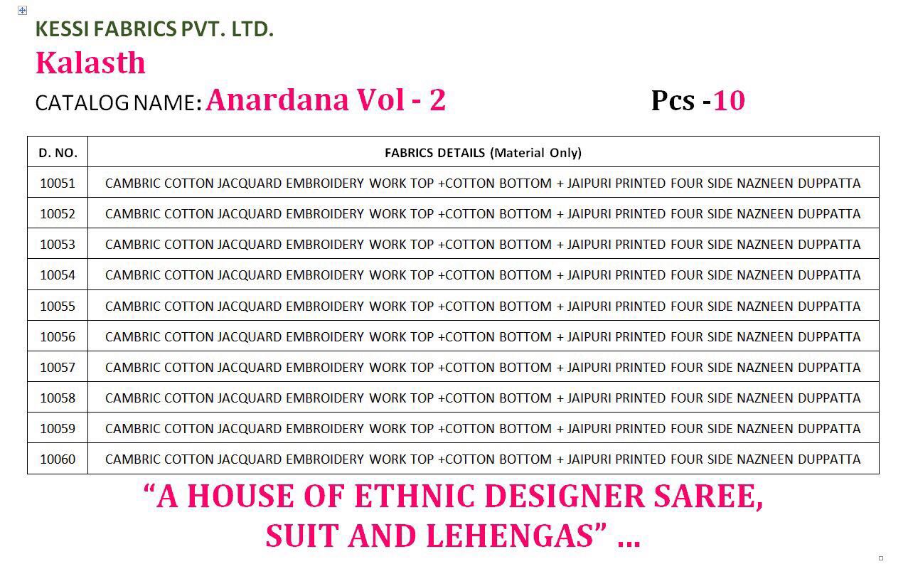 Anardana Vol-2 By Kalasth Lifestyle 10051 To 10060 Series Indian Beautiful Colorful Designer Embroidered Casual Wear And Occasional Wear Cambric Cotton Jacquard Dresses At Wholesale Price