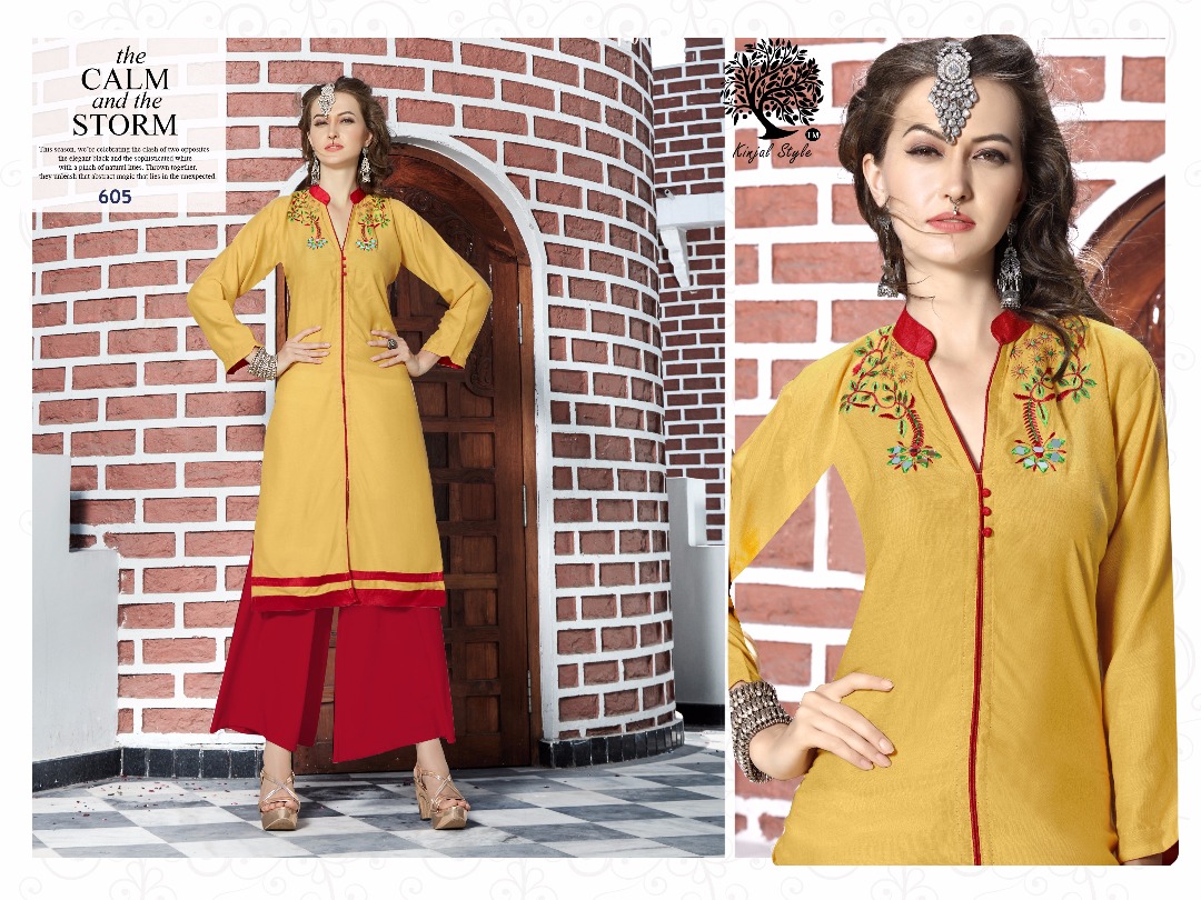 Ariva By Kinjal Style 601 To 606 Series Fancy Stylish Embroidered Designer Casual Wear And Occasional Wear Rayon Printed Kurtis At Wholesale Price