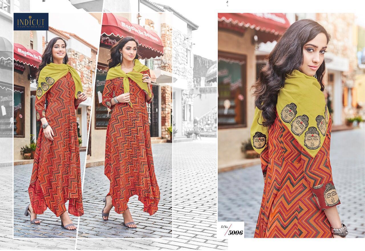 Dazzle By Indicut 5001 To 5010 Series Designer Stylish Fancy Beautiful Colorful Party Wear & Ethnic Wear Rayon & Cotton Printed Kurtis & Scarfs At Wholesale Price