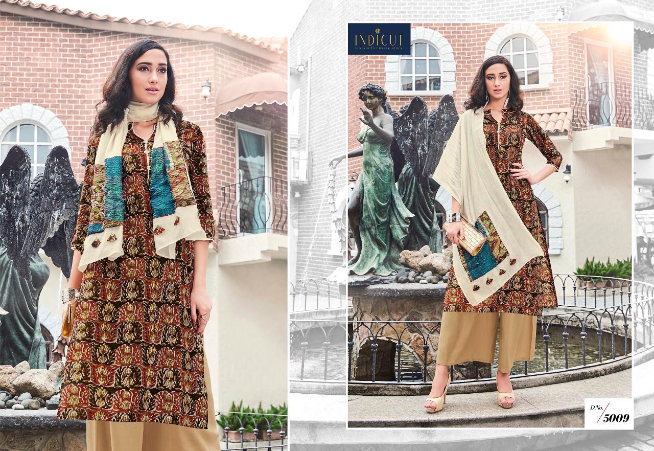 Dazzle By Indicut 5001 To 5010 Series Designer Stylish Fancy Beautiful Colorful Party Wear & Ethnic Wear Rayon & Cotton Printed Kurtis & Scarfs At Wholesale Price