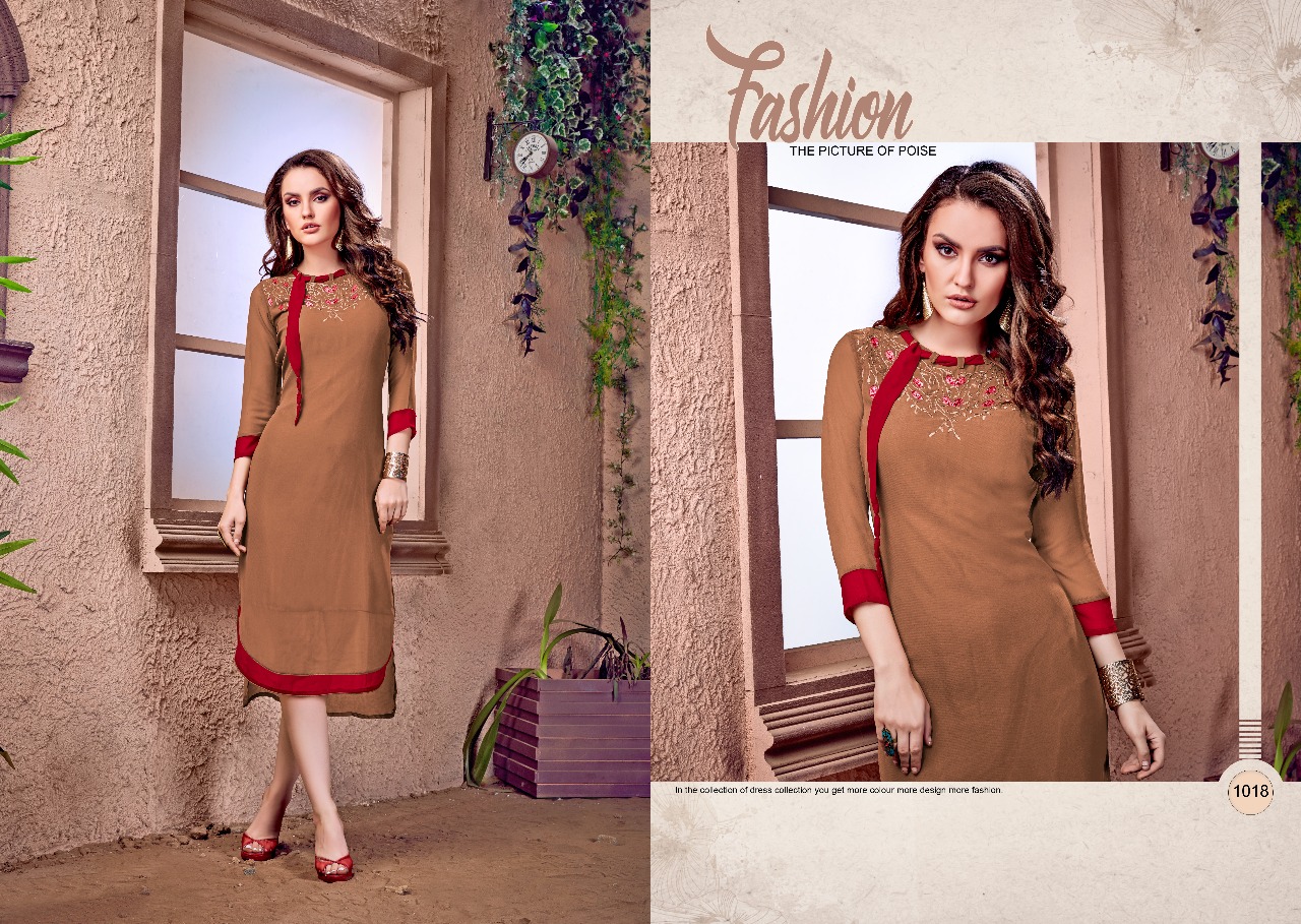 Dollar By Ravi Creation 1013 To 1020 Series Stylish Beautiful Colorful Fancy Casual Wear & Ethnic Wear Faux Georgette Embroidered Kurtis At Wholesale Price