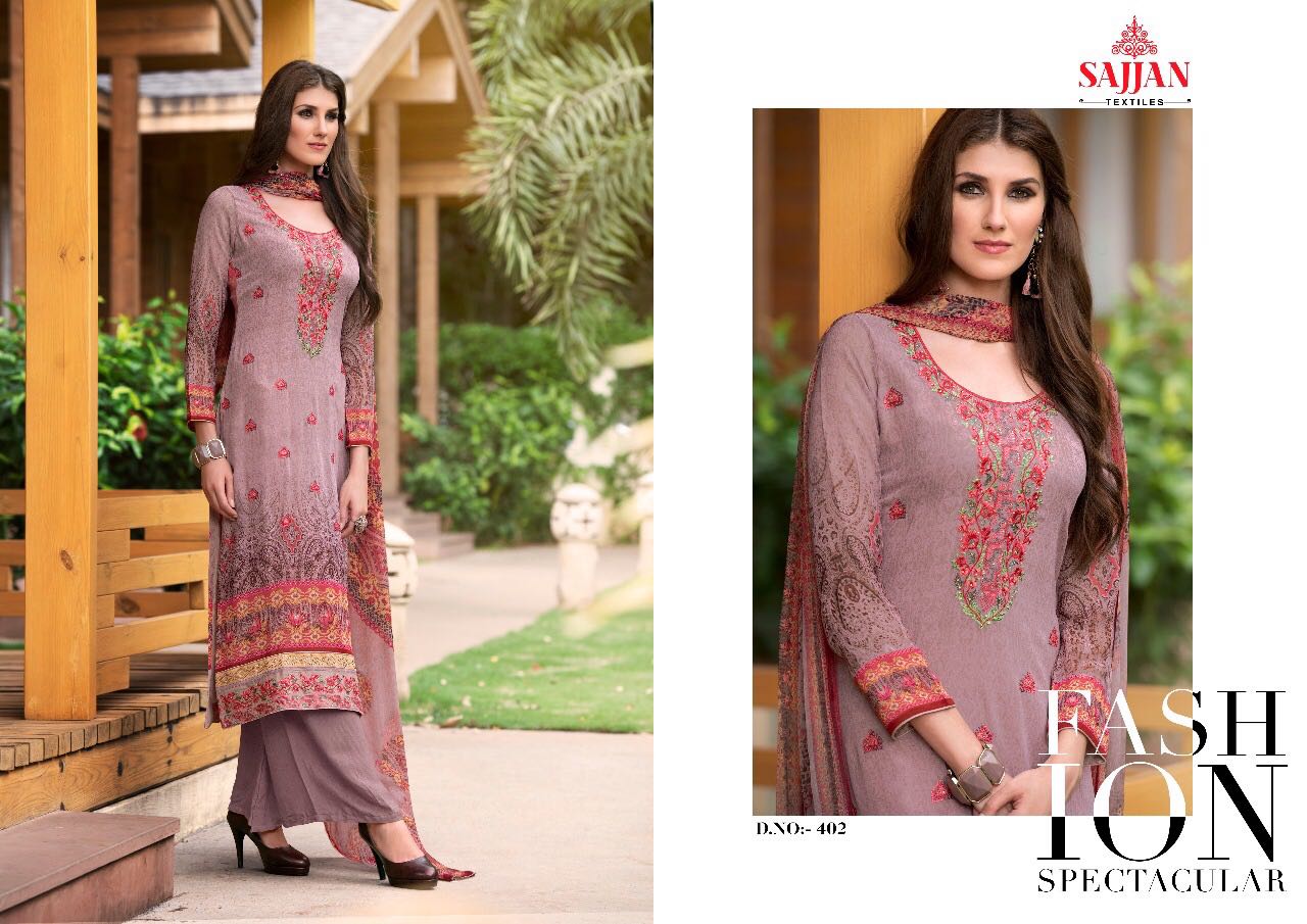 Fashion Flow By Sajjan 401 To 408 Series Indian Colorful Beautiful Fancy Embroidered Designer Casual Wear And Occasional Wear Georgette Digital Printed Dresses At Wholesale Price