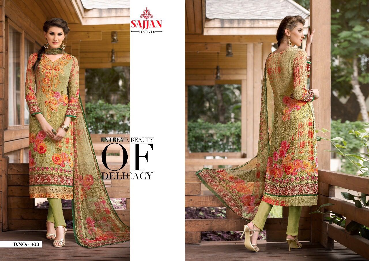 Fashion Flow By Sajjan 401 To 408 Series Indian Colorful Beautiful Fancy Embroidered Designer Casual Wear And Occasional Wear Georgette Digital Printed Dresses At Wholesale Price