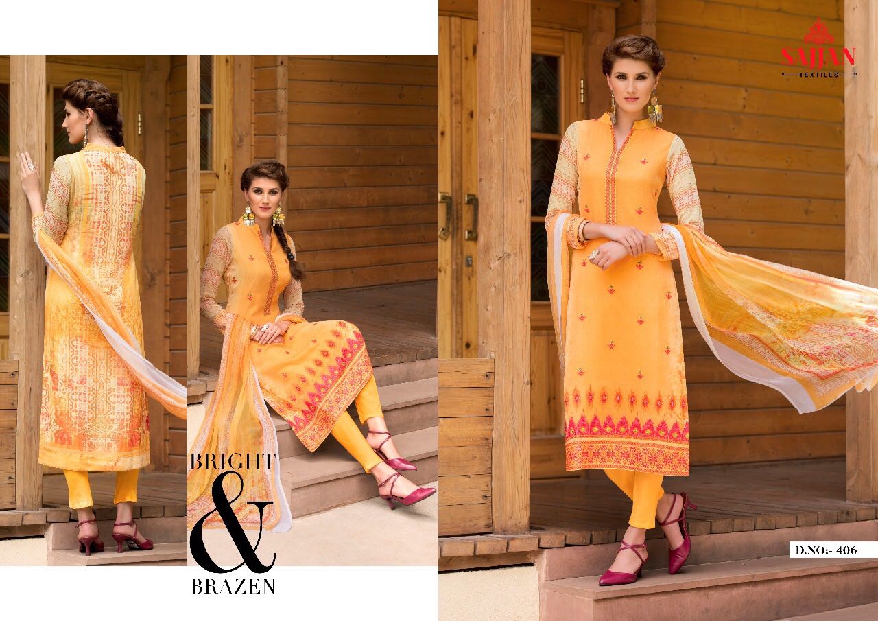 Fashion Flow By Sajjan 401 To 408 Series Indian Colorful Beautiful Fancy Embroidered Designer Casual Wear And Occasional Wear Georgette Digital Printed Dresses At Wholesale Price