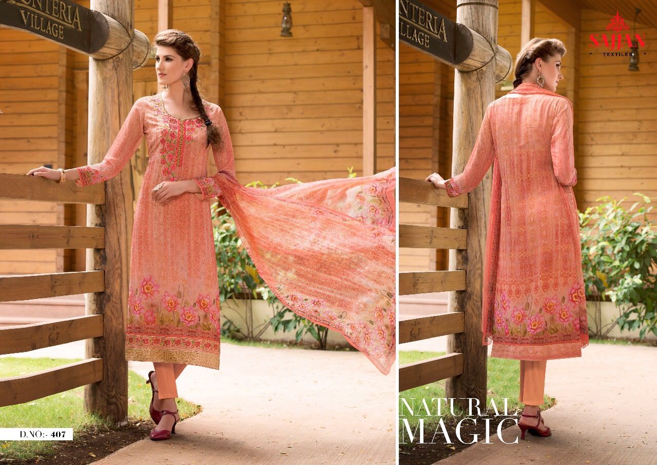 Fashion Flow By Sajjan 401 To 408 Series Indian Colorful Beautiful Fancy Embroidered Designer Casual Wear And Occasional Wear Georgette Digital Printed Dresses At Wholesale Price