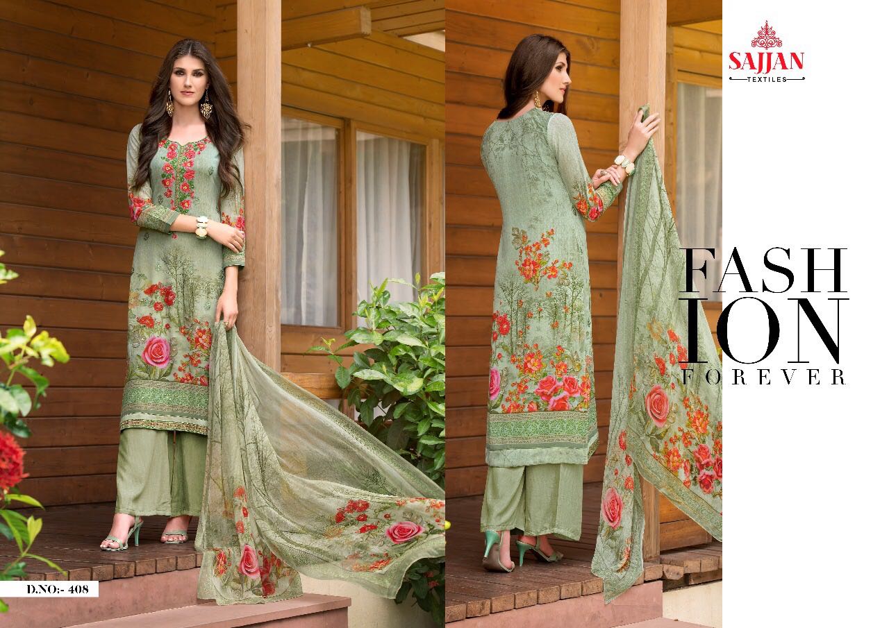 Fashion Flow By Sajjan 401 To 408 Series Indian Colorful Beautiful Fancy Embroidered Designer Casual Wear And Occasional Wear Georgette Digital Printed Dresses At Wholesale Price