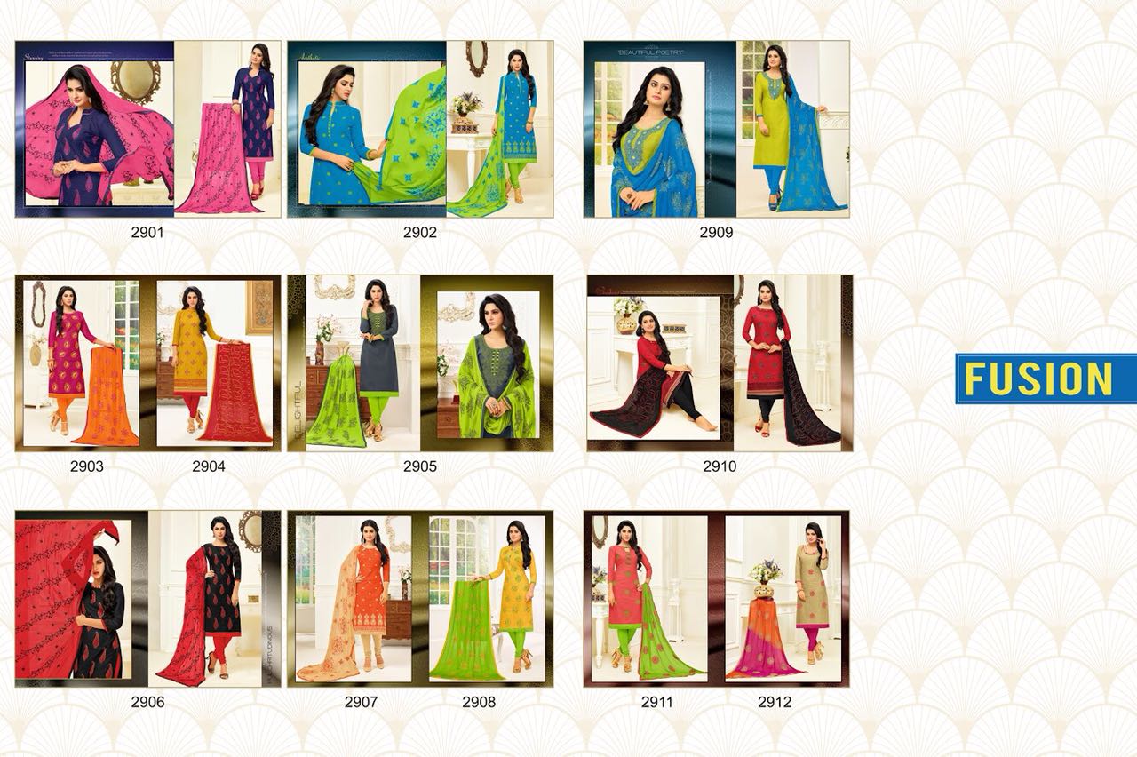 Fusion By Rr Fashion 2901 To 2912 Series Indian Beautiful Colorful Fancy Ethnic Wear Embroidered Suits & Party Wear Cotton Slub Dresses At Wholesale Price