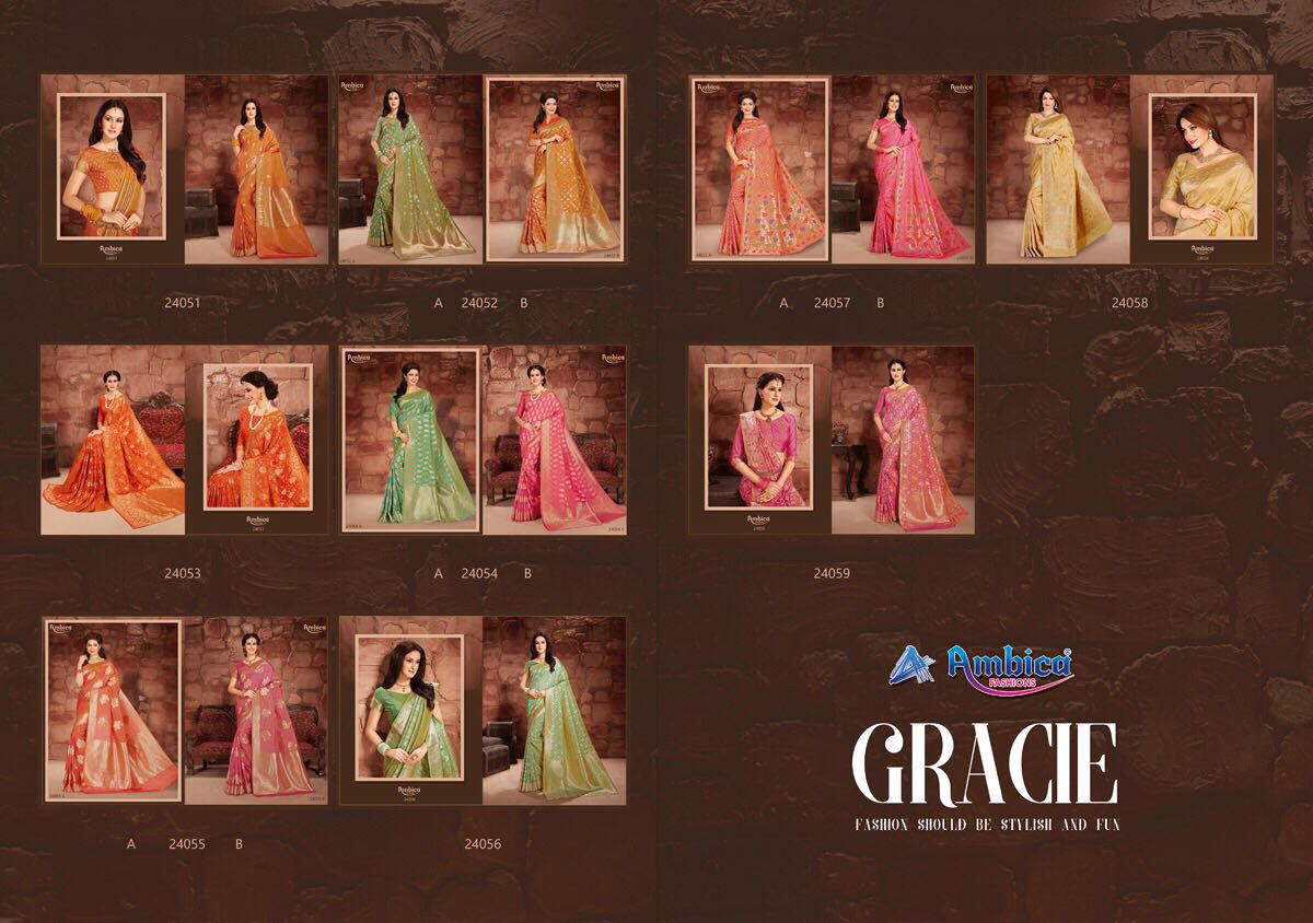 Gracie By Ambica Fashions 24051 To 24059 Series Indian Beautiful Designer Fancy Party Wear & Traditional Wear Cotton Silk Sarees At Wholesale Price