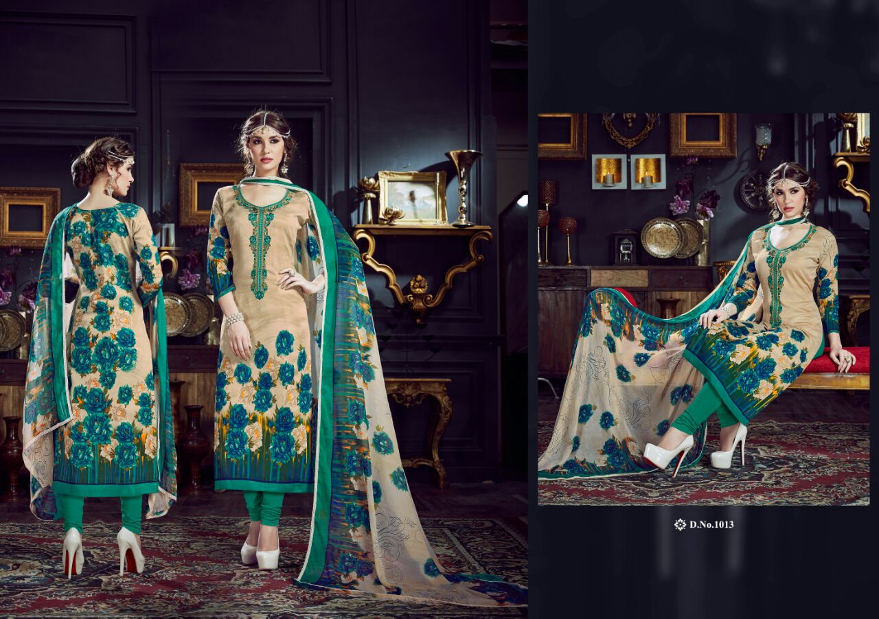 Ishika By M.pankaj Fashion 1013 To 1022 Series Beautiful Stylish Designer Printed And Embroidered Party Wear Cotton Satin Dresses At Wholesale Price