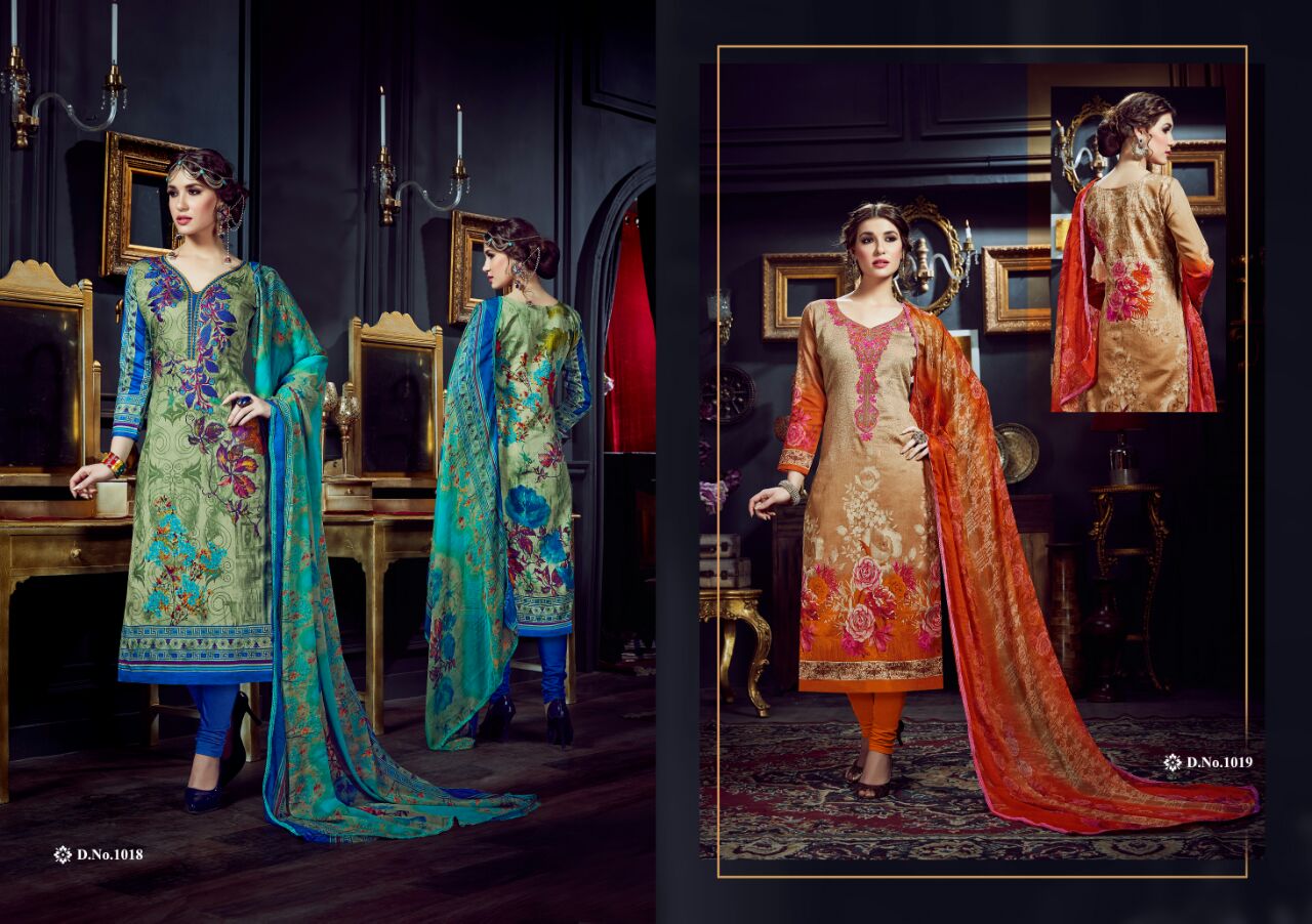 Ishika By M.pankaj Fashion 1013 To 1022 Series Beautiful Stylish Designer Printed And Embroidered Party Wear Cotton Satin Dresses At Wholesale Price