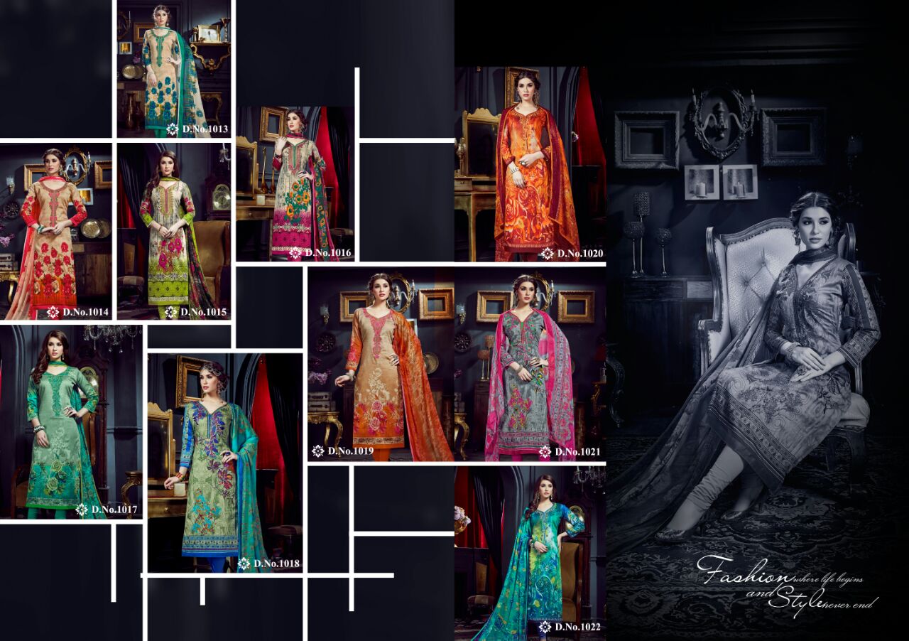 Ishika By M.pankaj Fashion 1013 To 1022 Series Beautiful Stylish Designer Printed And Embroidered Party Wear Cotton Satin Dresses At Wholesale Price