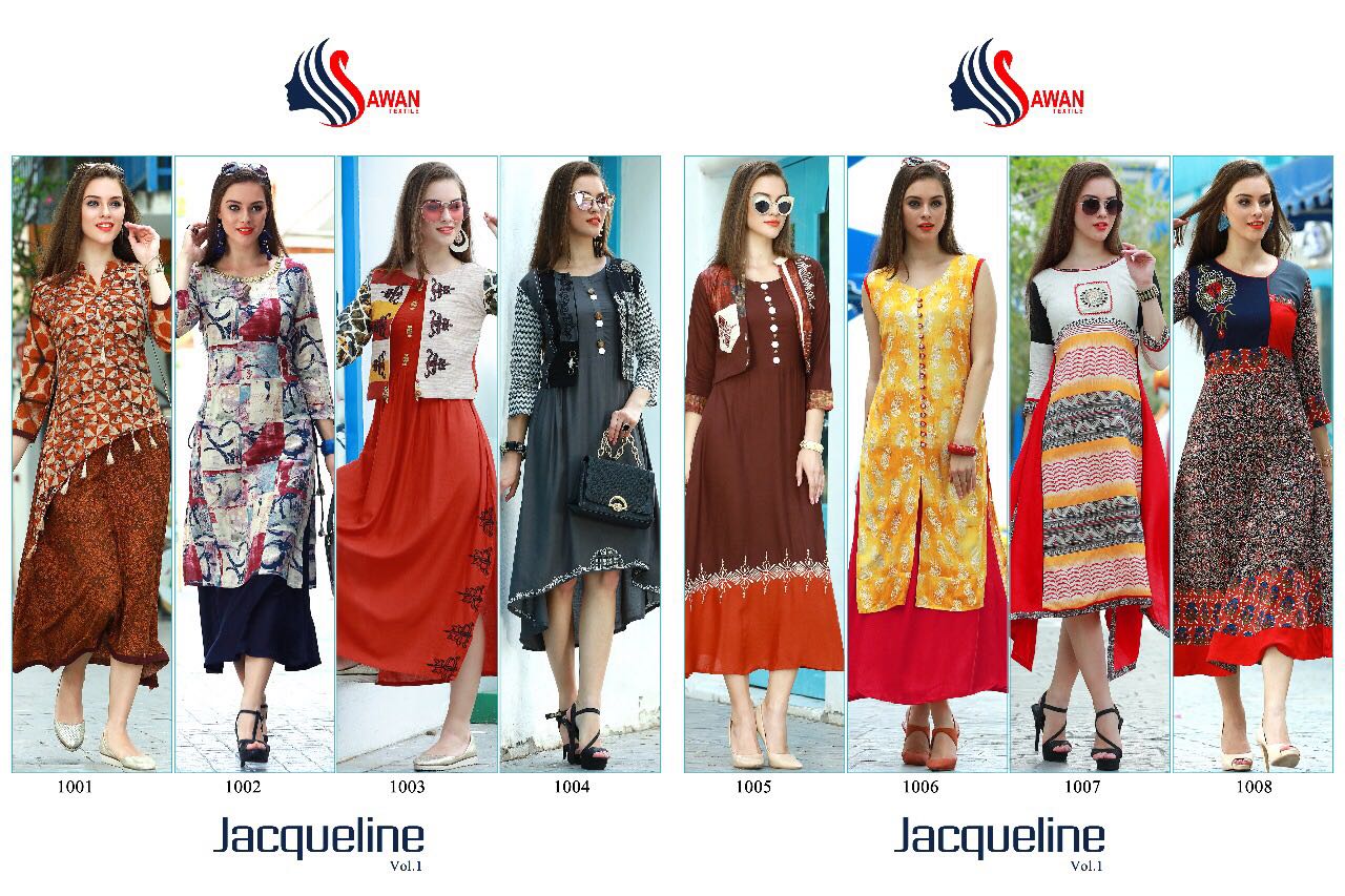 Jacqueline Vol-1 By Awan Textile 1001 To 1008 Series Beautiful Colorful Stylish Fancy Casual Wear & Ethnic Wear Rayon Printed & Embroidered Kurtis At Wholesale Price