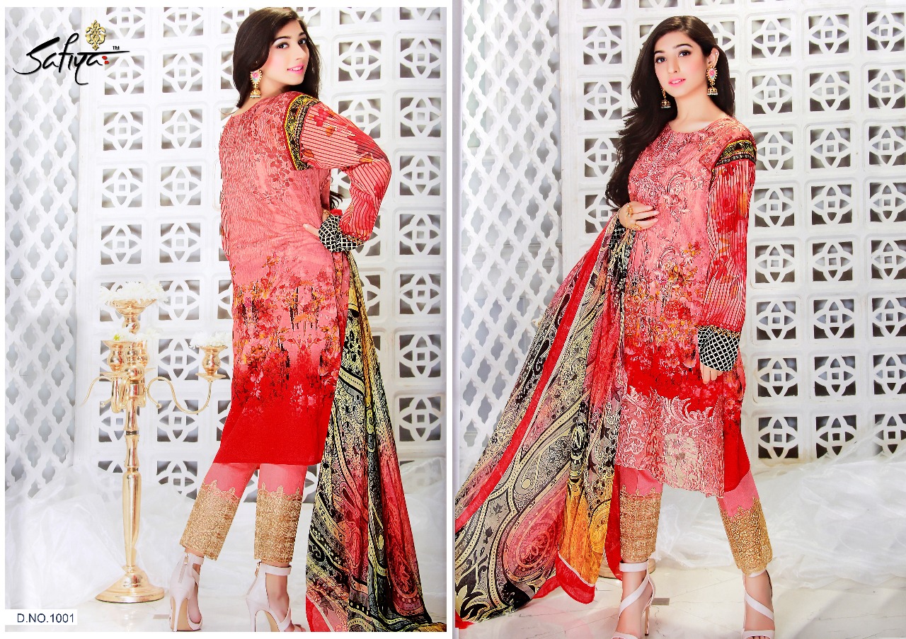 Jazmin By Safiya Collection 1001 To 1006 Series Beautiful Pakistani Suits Designer Colorful Stylish Fancy Embroidered Casual Wear Party Wear & Occasional Wear Glace Satin Cotton Printed Dresses At Wholesale Price