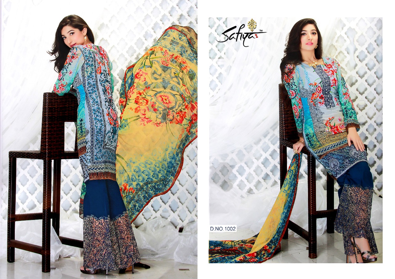 Jazmin By Safiya Collection 1001 To 1006 Series Beautiful Pakistani Suits Designer Colorful Stylish Fancy Embroidered Casual Wear Party Wear & Occasional Wear Glace Satin Cotton Printed Dresses At Wholesale Price