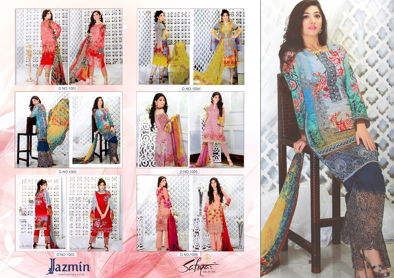 Jazmin By Safiya Collection 1001 To 1006 Series Beautiful Pakistani Suits Designer Colorful Stylish Fancy Embroidered Casual Wear Party Wear & Occasional Wear Glace Satin Cotton Printed Dresses At Wholesale Price