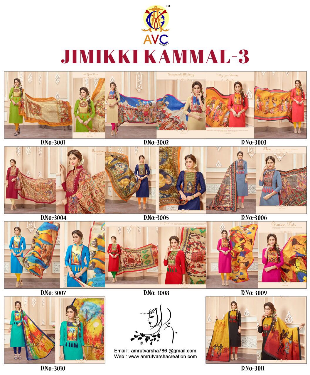 Jimikki Kammal Vol-3 By Amrut Varsha Creation 3001 To 3011 Series Beautiful Colorful Stylish Ethnic Wear & Casual Wear Bombay Jacquard Digital Printed Dresses At Wholesale Price