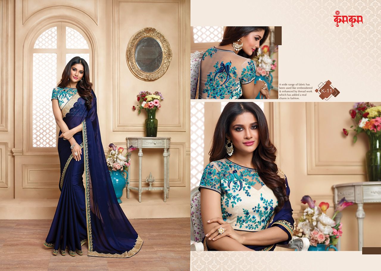 Kum Kum Vol-1 By Kum Kum 9 To 18 Series Designer Wedding Collection Beautiful Fancy Colorful Party Wear & Occasional Wear Georgette/ Chiffon & Satin Embroidered Sarees At Wholesale Price
