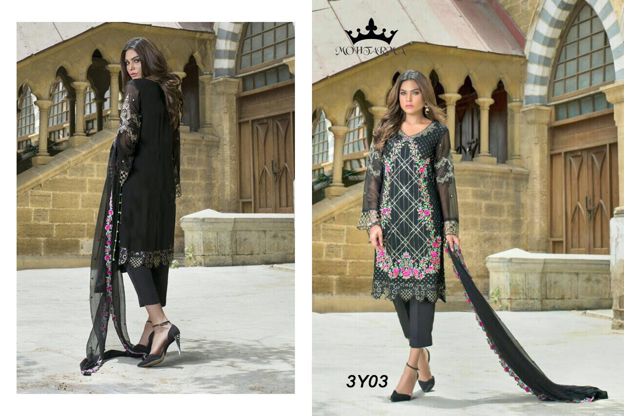 Lehja By Mohtarma Fabrics 3y01 To 3y04 Series Pakistani Stylish Beautiful Designer Embroidered Party Wear Casual Wear Faux Georgette Dresses At Wholesale Price