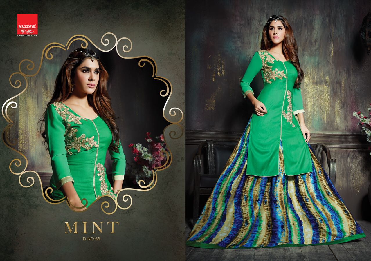 Mint By Rajavir Fashion Line 54 To 62 Series Beautiful Stylish Designer Embroidered Party Wear Rayon Kurtis And Glace Cotton Skirts At Wholesale Price