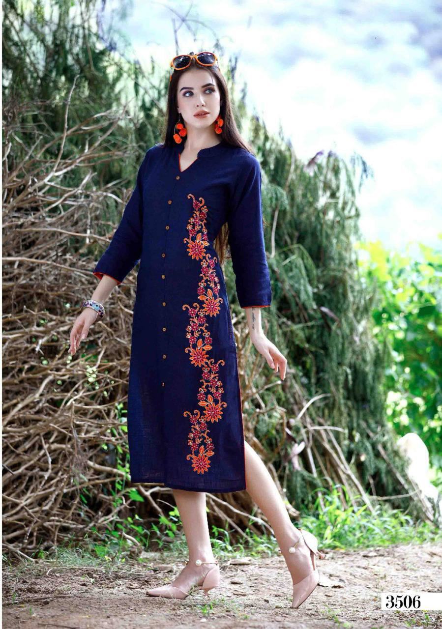 Mulberry Vol-35 By Vesh 3501 To 3508 Series Stylish Colorful Beautiful Fancy Party Wear & Ethnic Wear Slub Cotton Embroidered Kurtis At Wholesale Price