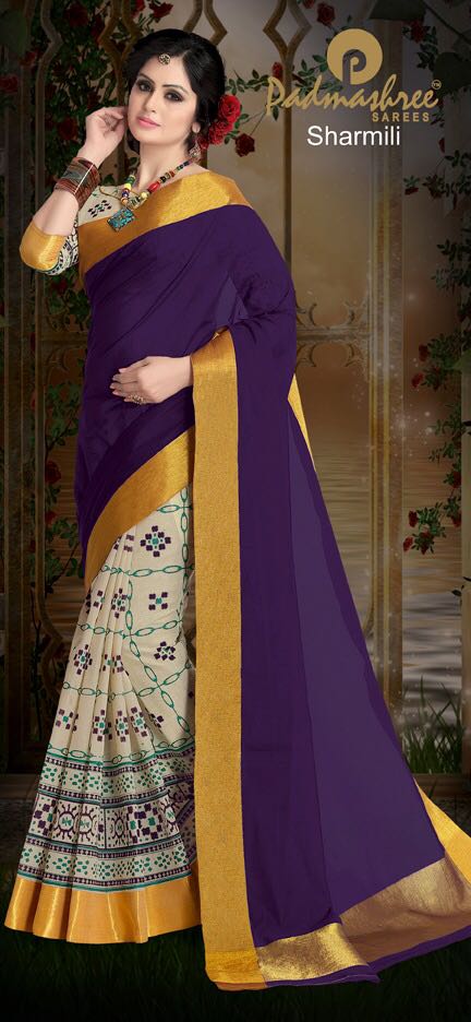 Muskan By Padmashree Sarees Indian Traditional Stylish Designer Printed Casual Wear Half & Half Cotton Sarees At Wholesale Price