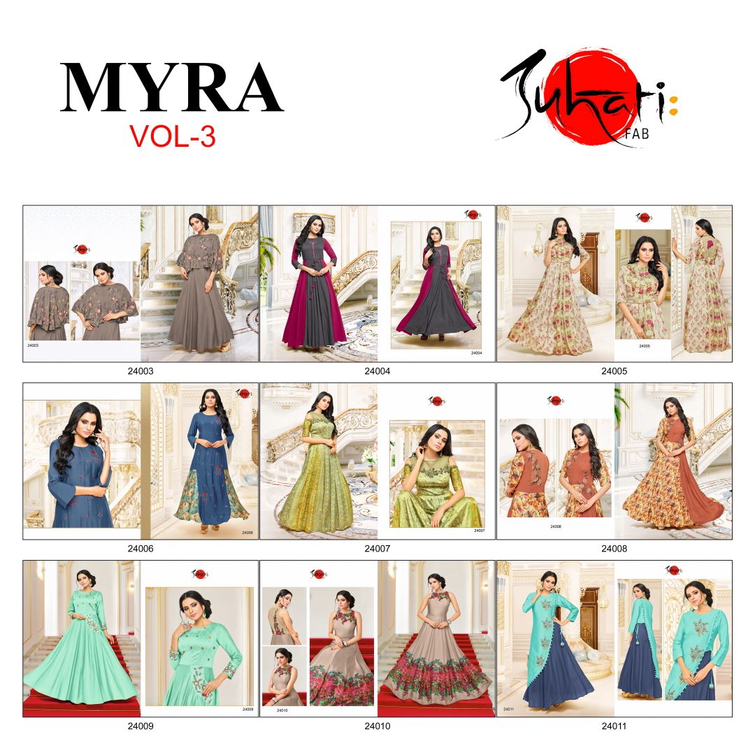 Myra Vol-3 By Suhati Fab 24003 To 24011 Series Designer Stylish Colorful Fancy Beautiful Party Wear & Ethnic Wear Heavy Muslin & Satin Silk Printed & Embroidered Kurtis At Wholesale Price