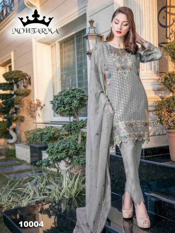 Nayaab By Mohtarma Fabrics 10001 To 10005 Series Beautiful Pakistani Suits Colorful Fancy Embroidered Stylish Party Wear & Occasional Wear Faux Georgette Dresses At Wholesale Price