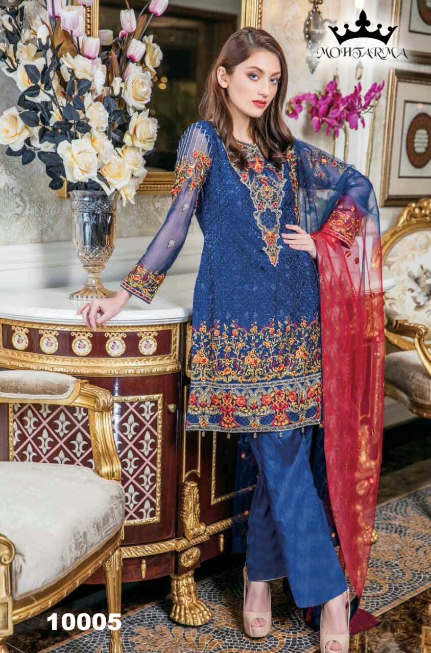 Nayaab By Mohtarma Fabrics 10001 To 10005 Series Beautiful Pakistani Suits Colorful Fancy Embroidered Stylish Party Wear & Occasional Wear Faux Georgette Dresses At Wholesale Price
