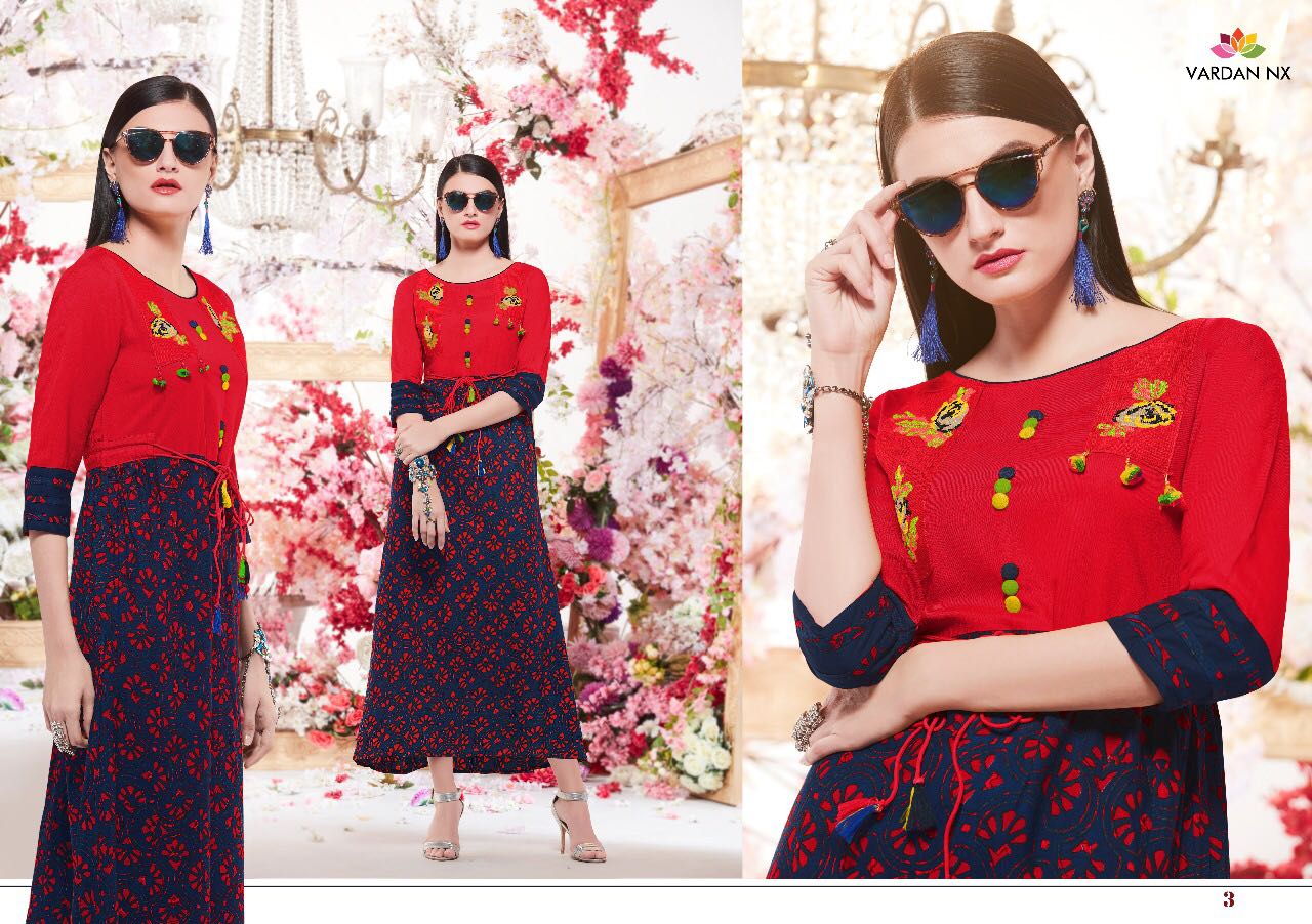 Nirvu Vol-1 By Vardan Designer 1 To 7 Series Designer Stylish Colorful Fancy Beautiful Party Wear & Ethnic Wear Rayon Printed & Embroidered Kurtis At Wholesale Price