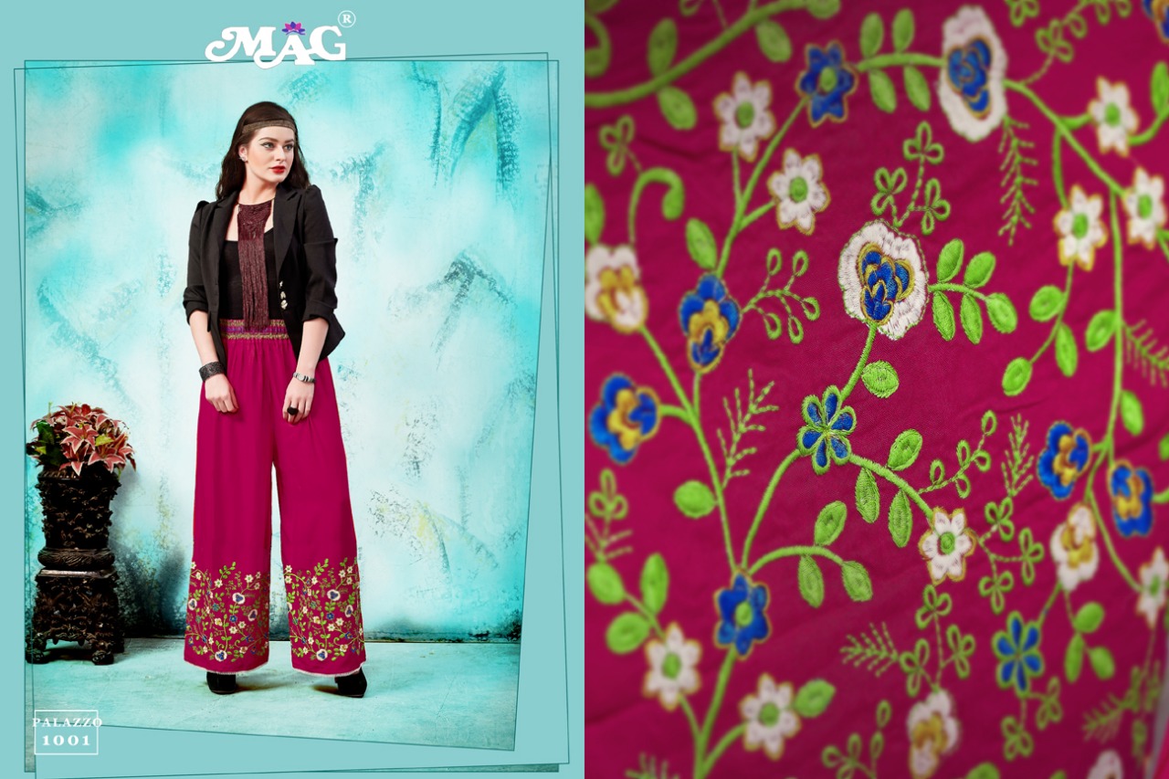 Palazzo Vol-1 By Mag 1001 To 1009 Series Western Stylish Palazzos With Embroidered Work Fancy Colorful Casual Wear & Ready To Wear Cotton Rayon Palazzos At Wholesale Price