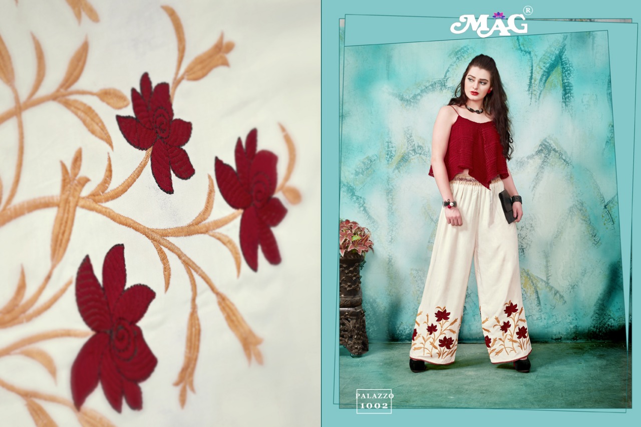 Palazzo Vol-1 By Mag 1001 To 1009 Series Western Stylish Palazzos With Embroidered Work Fancy Colorful Casual Wear & Ready To Wear Cotton Rayon Palazzos At Wholesale Price