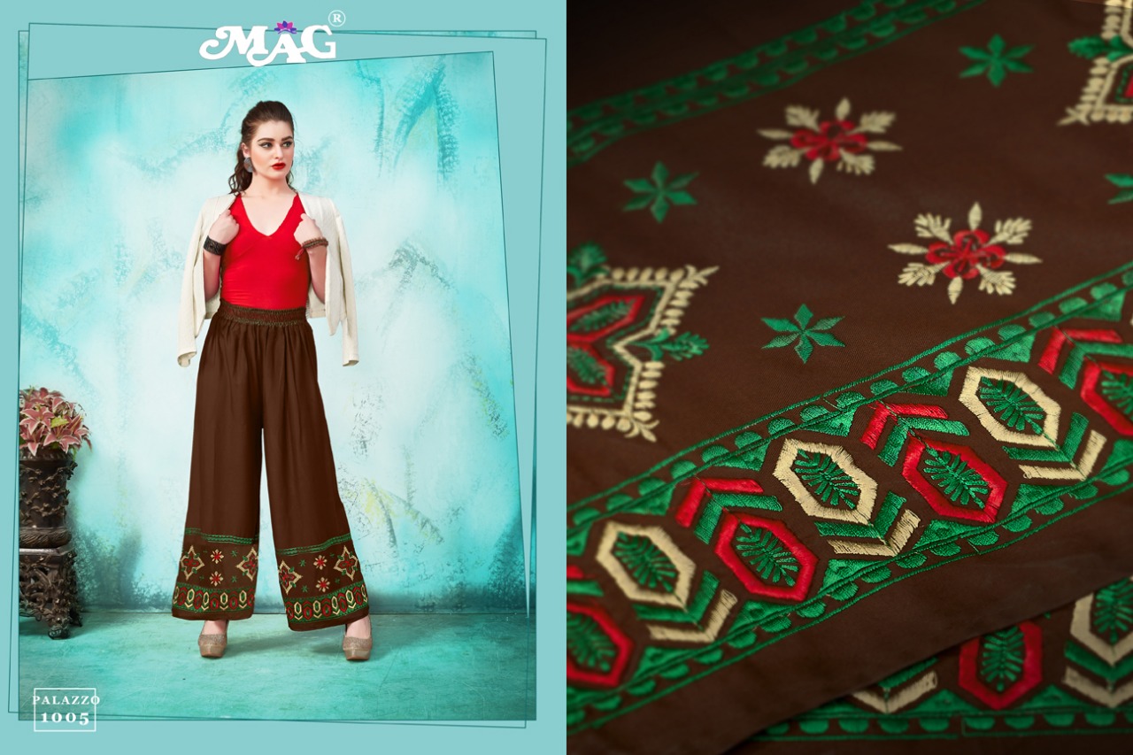 Palazzo Vol-1 By Mag 1001 To 1009 Series Western Stylish Palazzos With Embroidered Work Fancy Colorful Casual Wear & Ready To Wear Cotton Rayon Palazzos At Wholesale Price