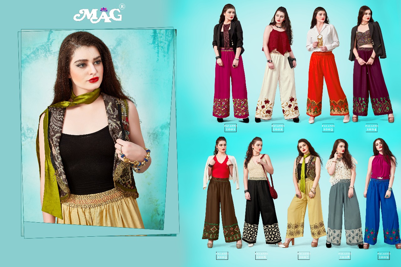 Palazzo Vol-1 By Mag 1001 To 1009 Series Western Stylish Palazzos With Embroidered Work Fancy Colorful Casual Wear & Ready To Wear Cotton Rayon Palazzos At Wholesale Price