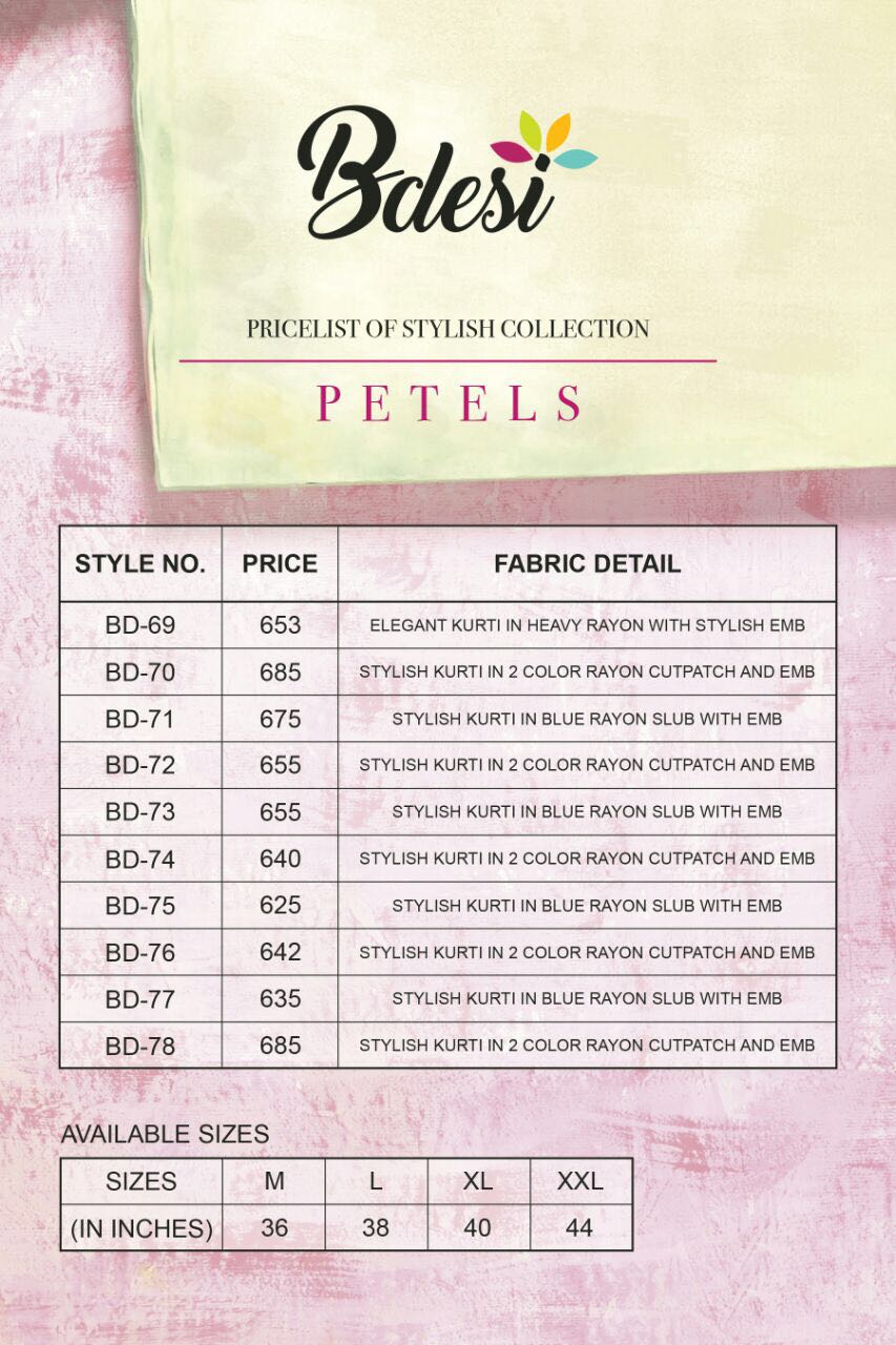 Petels By Bdesi 69 To 78 Series Designer Stylish Fancy Beautiful Colorful Party Wear & Ethnic Wear Rayon Slub Embroidered Kurtis At Wholesale Price