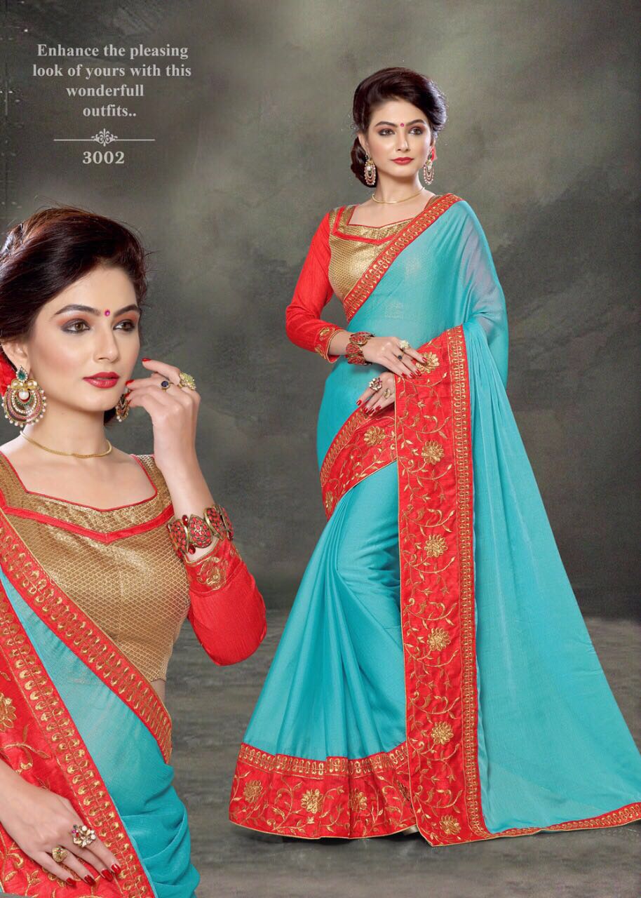 Platinum By Right One Fashion 3001 To 3012 Series Indian Beautiful Colorful Fancy Traditional Wear & Party Wear Two Tone Chiffon Embroidered Sarees At Wholesale Price