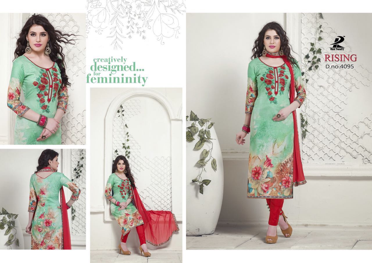 Rising By Rich Trendz 4093 To 4100 Series Indian Ethnic Stylish Colourful Digital Printed And Embroidered Casual Wear Jam Silk Dresses At Wholesale Price