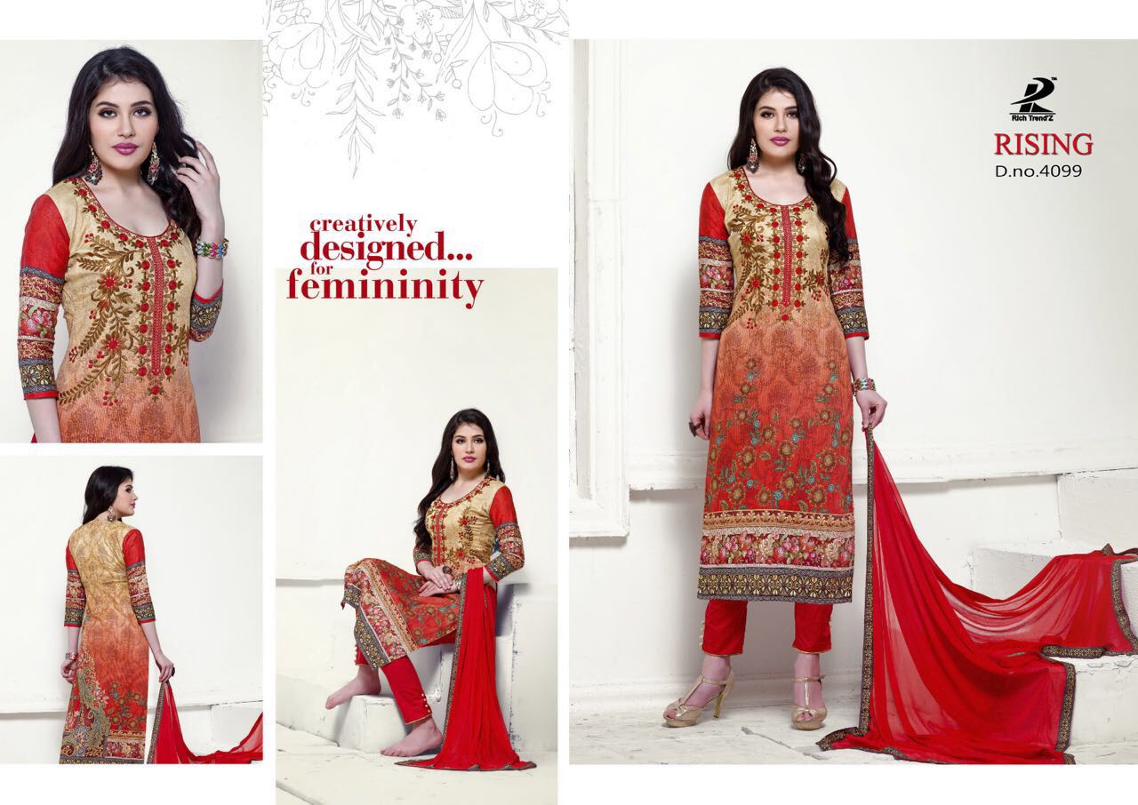 Rising By Rich Trendz 4093 To 4100 Series Indian Ethnic Stylish Colourful Digital Printed And Embroidered Casual Wear Jam Silk Dresses At Wholesale Price
