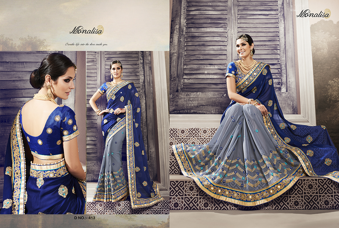 Royal Couture By Monalisa 401 To 422 Series Indian Traditional Beautiful Stylish Designer Heavy Embroidered Party Wear Fancy Sarees At Wholesale Price