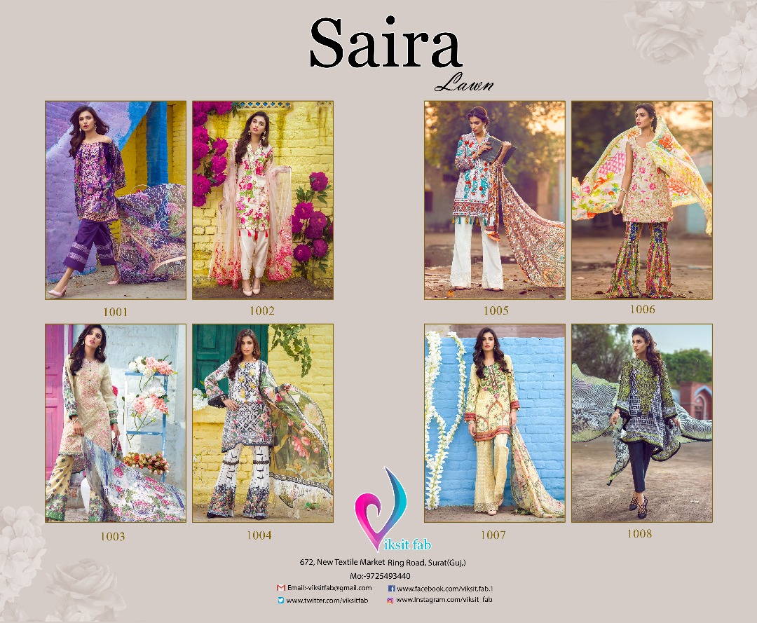 Saira Lawn 1001 To 1008 Series By Viksit Fab Beautiful Colourful Stylish Fancy Pretty Party Wear Casual Wear Occasional Wear Printed Cotton Dresses At Wholesale Price