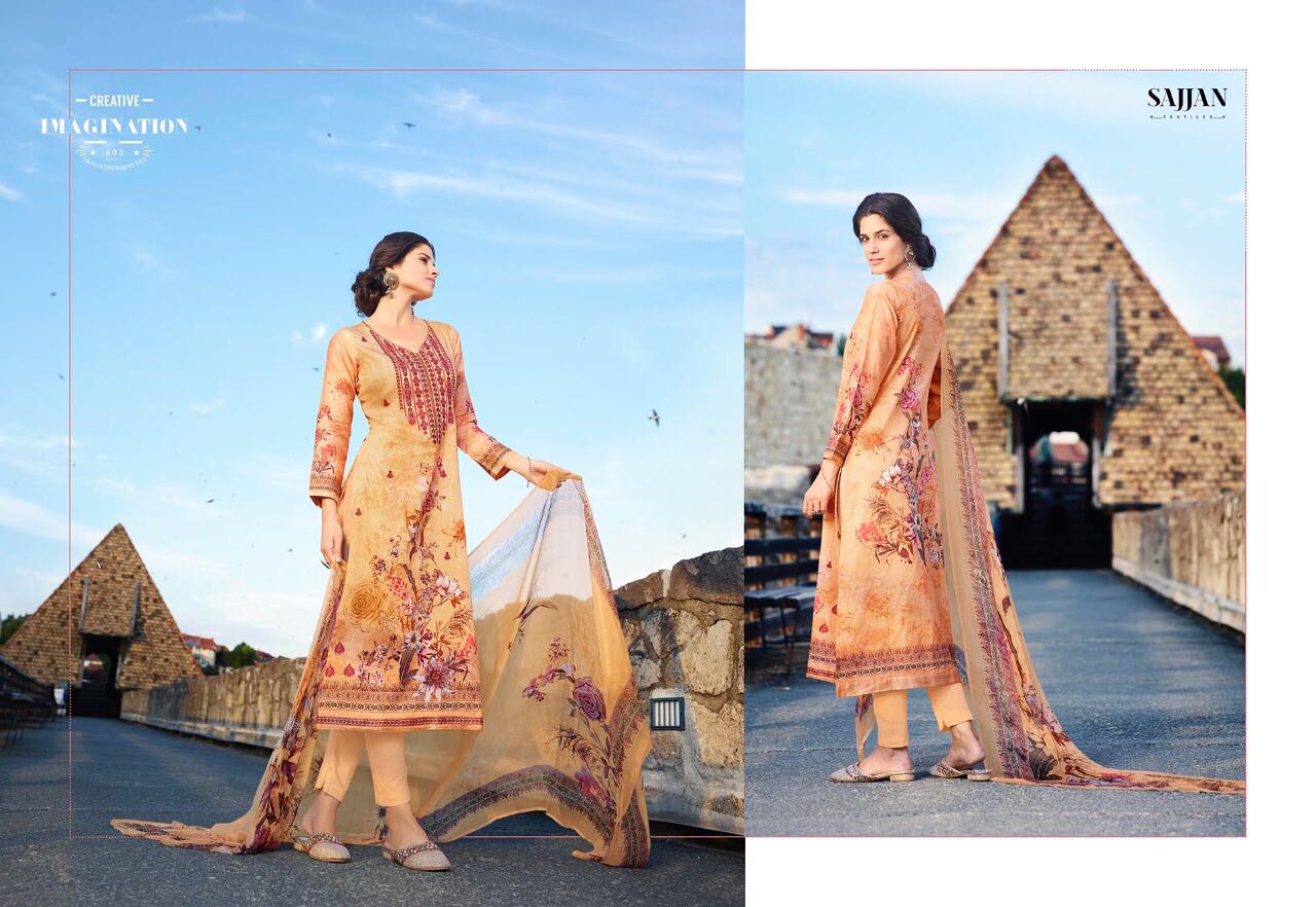 Shalin By Sajjan 601 To 608 Series Indian Suits Beautiful Colorful Embroidered Designer Stylish Casual Wear Party Wear & Occasional Wear Satin Digital Printed Dresses At Wholesale Price