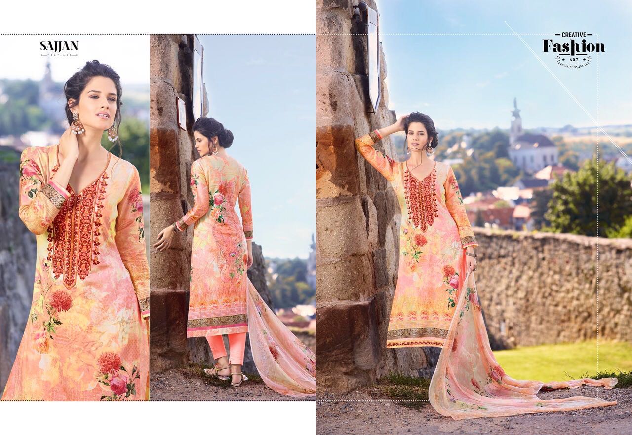 Shalin By Sajjan 601 To 608 Series Indian Suits Beautiful Colorful Embroidered Designer Stylish Casual Wear Party Wear & Occasional Wear Satin Digital Printed Dresses At Wholesale Price