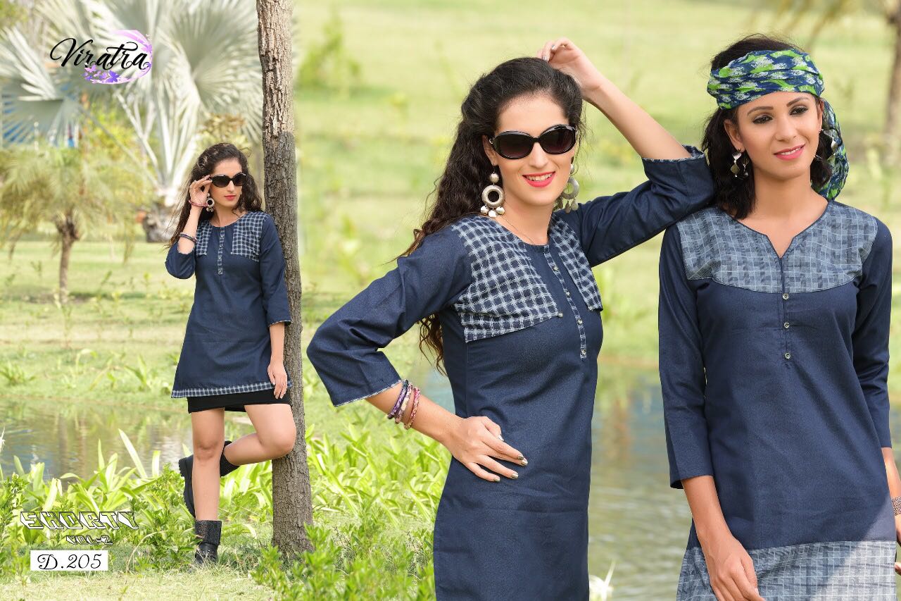 Shorty Vol-2 By Viratra Tex 201 To 210 Series Stylish Fancy Beautiful Colorful Casual Wear & Ethnic Wear Denim Embroidered Kurtis At Wholesale Price
