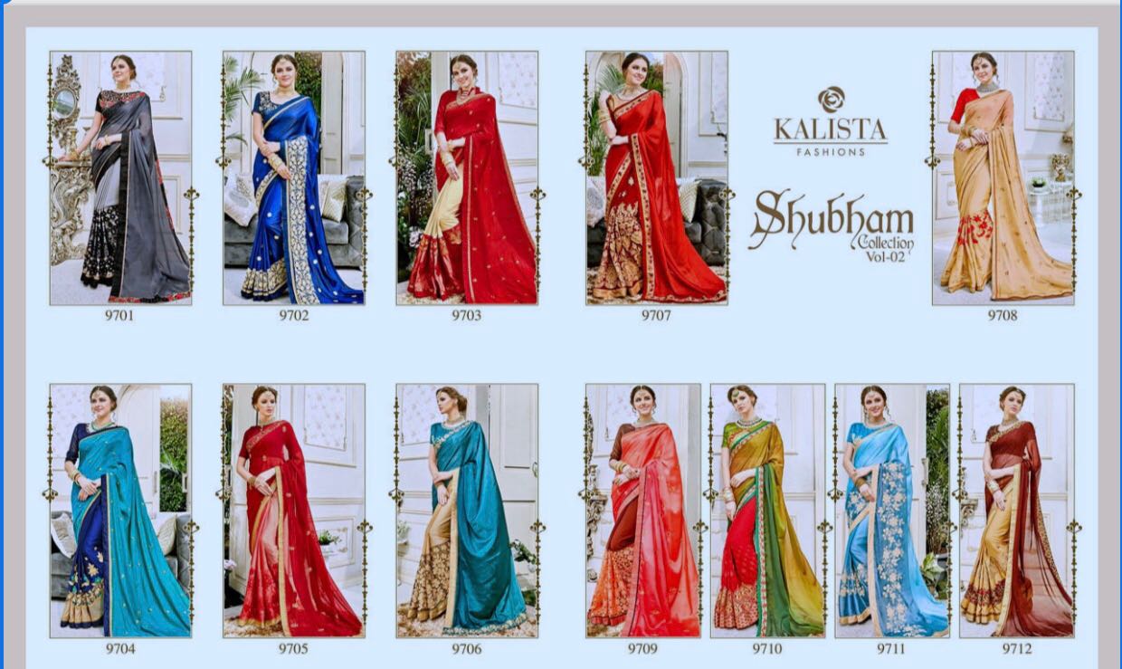 Shubham Vol-2 By Kalista Fashion 9701 To 9712 Series Designer Beautiful Stylish Colorful Fancy Synthetic Party Wear & Occasional Wear Fancy Work Sarees At Wholesale Price