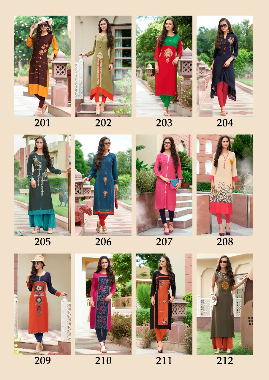 Siya Vol-2 By Diksha Fashion 201 To 212 Series Beautiful Colorful Stylish Fancy Casual Wear & Ready To Wear Heavy Rayon Embroidered Kurtis At Wholesale Price