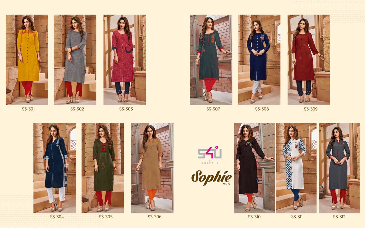Sophie Vol-3 By S4u Fashion 301 To 312 Series Beautiful Colorful Fancy Stylish Casual Wear & Ethnic Wear Cotton Printed & Embroidered Kurtis At Wholesale Price