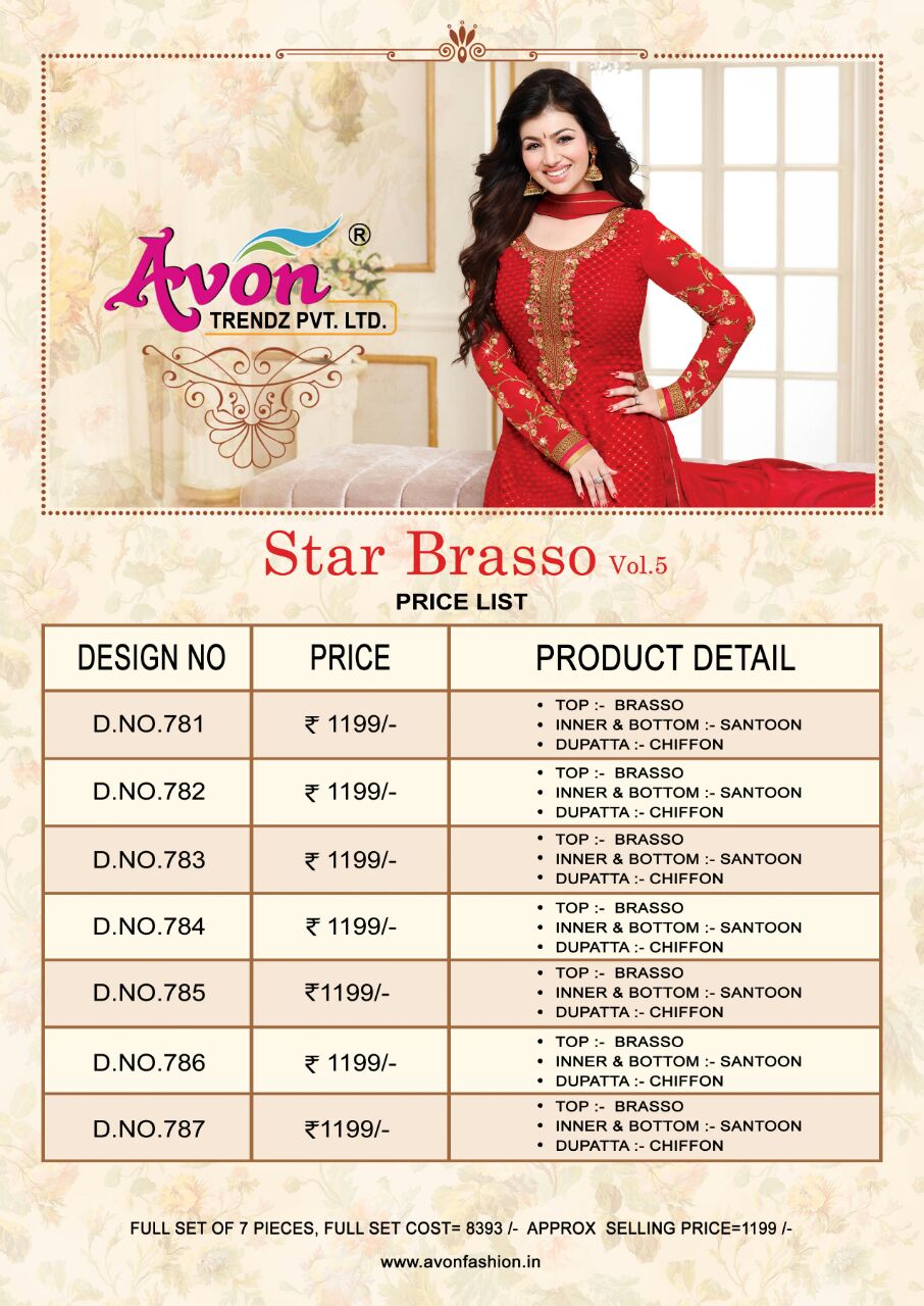 Star Brasso Vol-5 By Avon Trendz 781 To 787 Series Beautiful Designer Embroidered Suits Colorful Fancy Party Wear & Occasional Wear Brasso Dresses At Wholesale Price