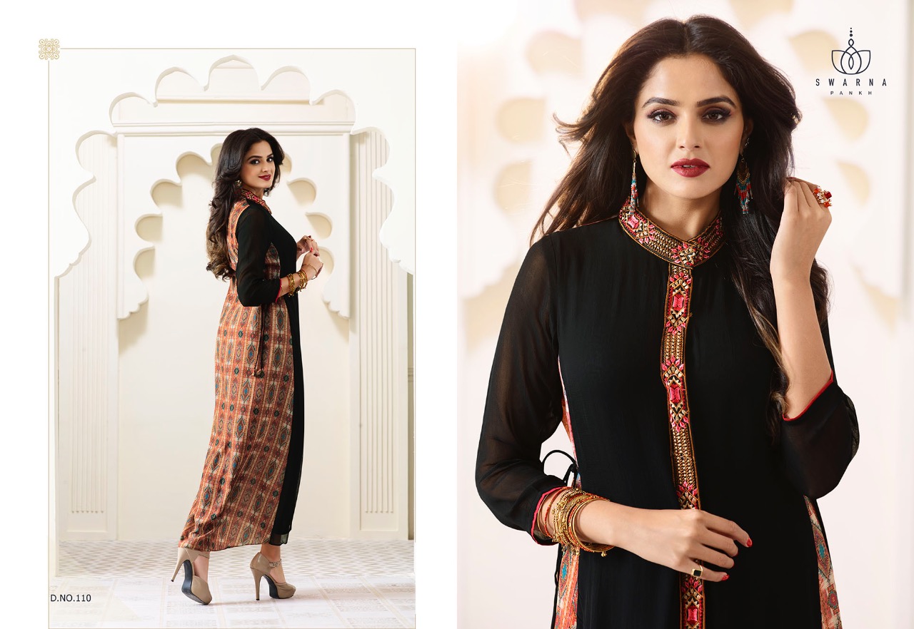 Swarna Pankh Vol-1 By Swarna Pankh 101 To 111 Series Stylish Designer Beautiful Colorful Embroidered Casual Wear & Ethnic Wear Faux Georgette Printed Kurtis At Wholesale Price