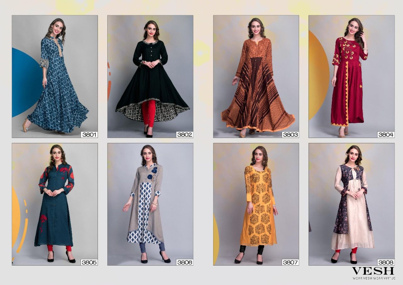 Vesh Vol-38 By Vesh 3801 To 3809 Series Designer Stylish Beautiful Colorful Fancy Party Wear & Ethnic Wear Rayon/ Cotton/ Silk Embroidered Kurtis At Wholesale Price
