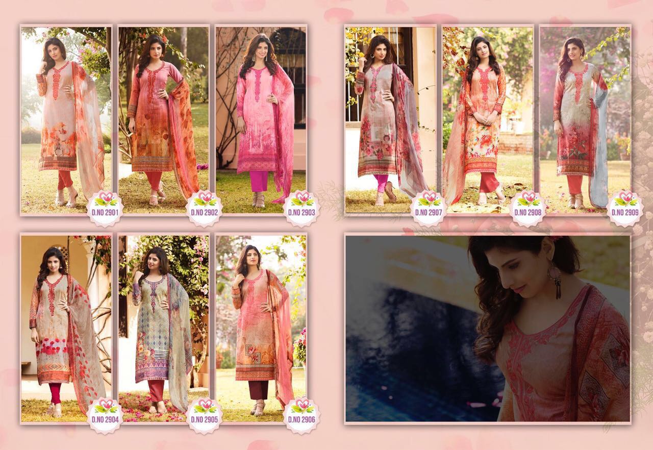 Vivek 2901 To 2909 Series By Vivek Fashion Bollywood Beautiful Stylish Designer Floral Digital Printed & Embroidered Party Wear Cotton Satin Dresses At Wholesale Price