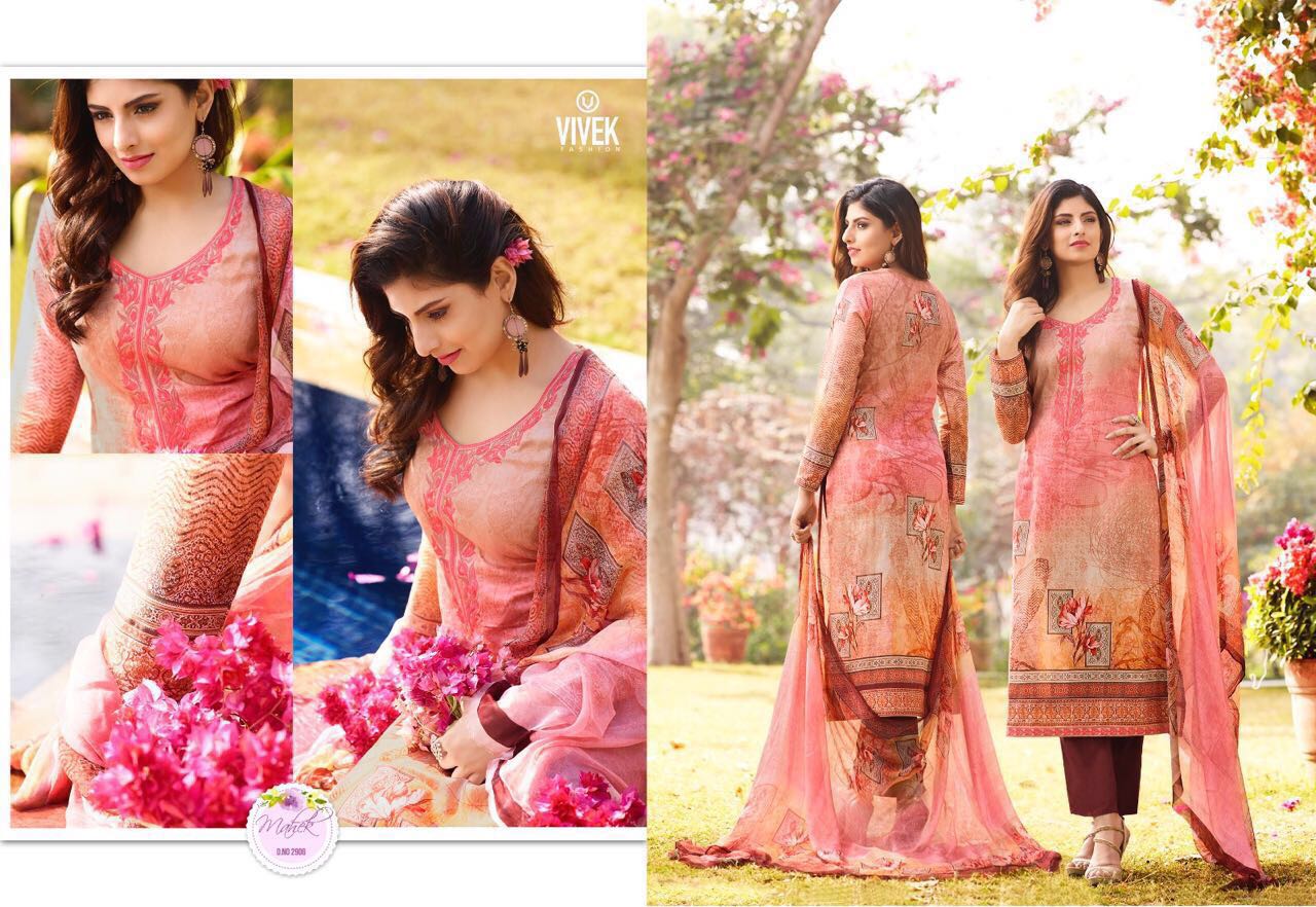 Vivek 2901 To 2909 Series By Vivek Fashion Bollywood Beautiful Stylish Designer Floral Digital Printed & Embroidered Party Wear Cotton Satin Dresses At Wholesale Price